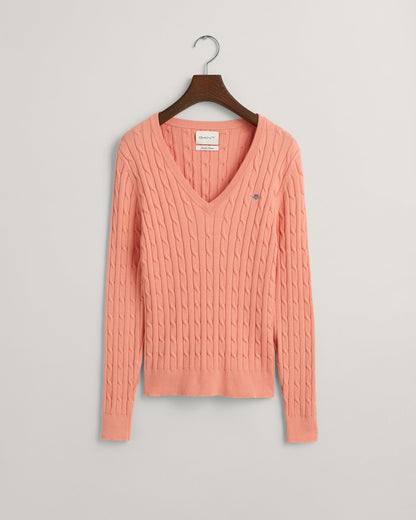 Women's Stretch Cotton Cable Knit V-Neck Sweater - PEACHY PINK