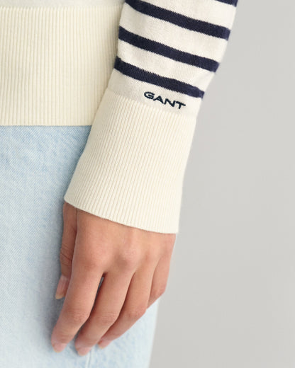 Women's Fine Knit Striped Crew Neck Sweater - CREAM