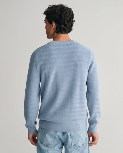 Men's Striped Textured Cotton Crew Neck Sweater - DOVE BLUE