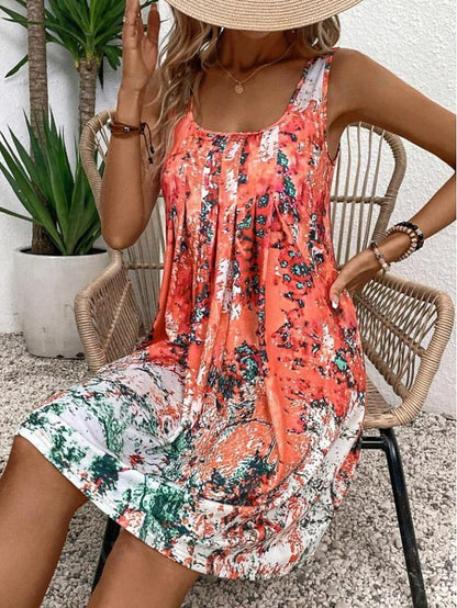 Women's Tank Dress Tie Dye Pleated Square Neck Mini Dress Stylish Casual Daily Vacation Sleeveless Summer