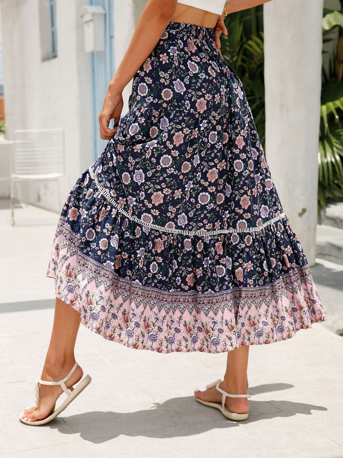Women's Summer Boho Floral Elastic High Waist Beach Skirts