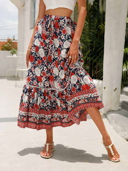 Women's Summer Boho Floral Elastic High Waist Beach Skirts