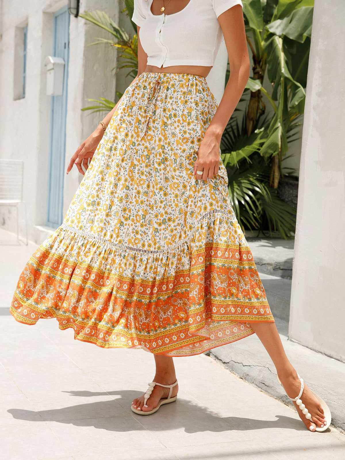 Women's Summer Boho Floral Elastic High Waist Beach Skirts