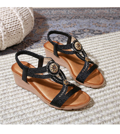 Comfortable Bohemian Fashion Rhinestone Platform Wedge Sandals