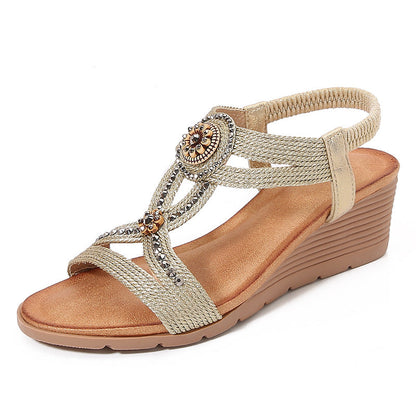 Comfortable Bohemian Fashion Rhinestone Platform Wedge Sandals
