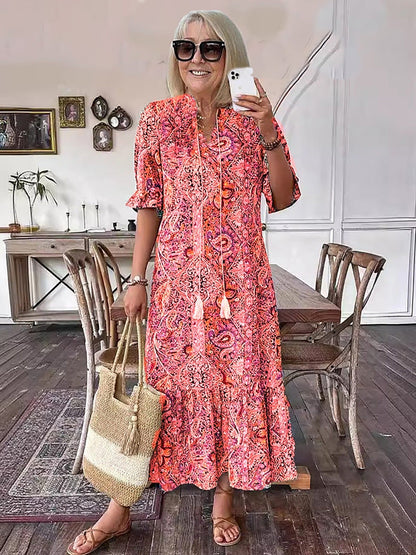 Paisley Bohemian Long Length Vintage Print Tassel Tie Neck Tunic Dress - Elegant Vacation Style with Drawstring, Ruffle Hem, and Random Printing
