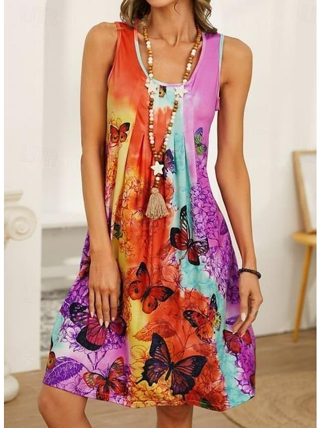 Women's Tank Dress Tie Dye Pleated Square Neck Mini Dress Stylish Casual Daily Vacation Sleeveless Summer