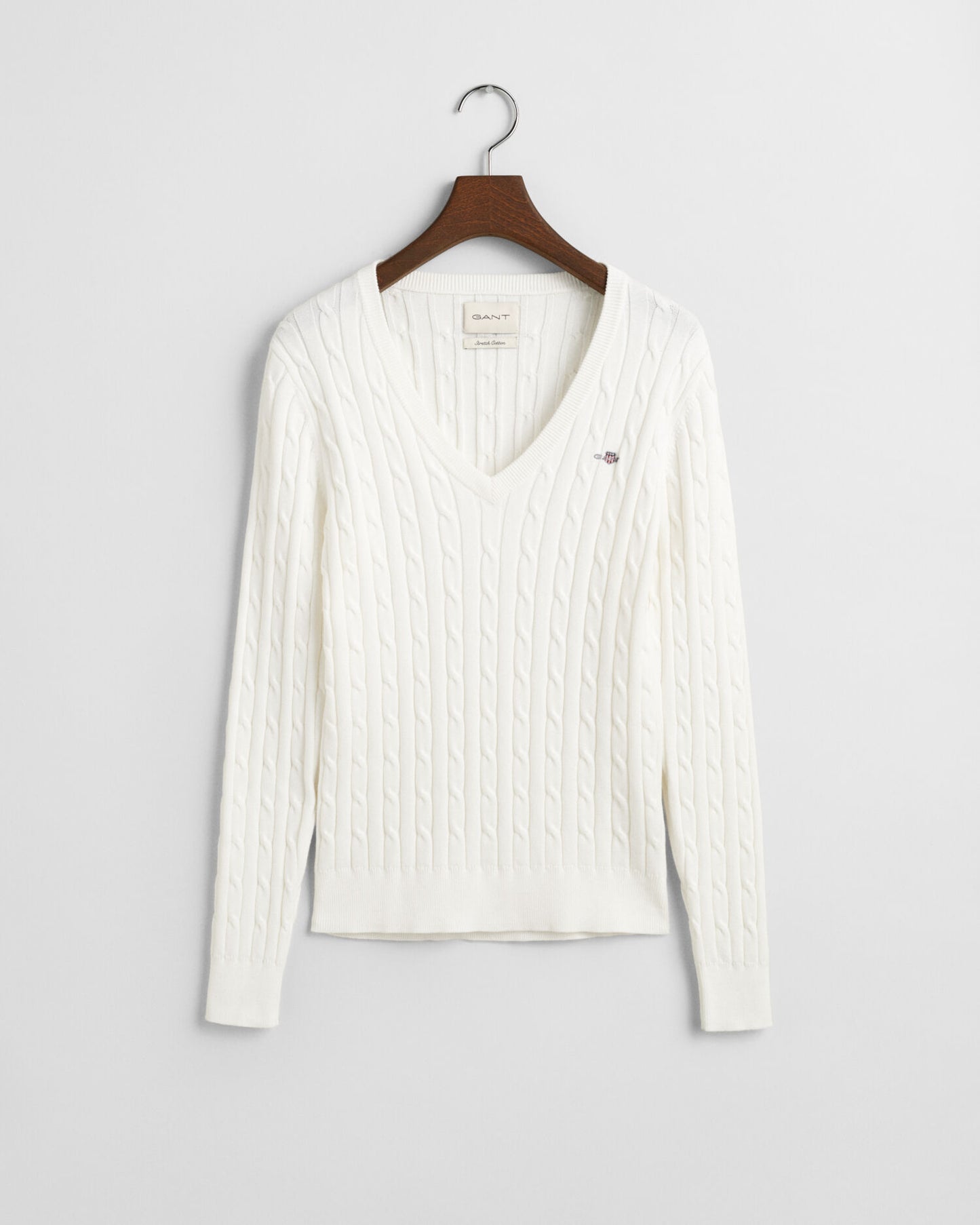 Stretch Cotton Cable Knit V-Neck Sweater