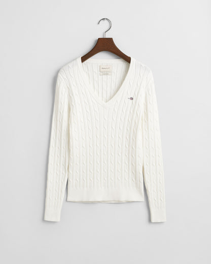 Stretch Cotton Cable Knit V-Neck Sweater