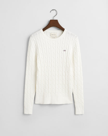 Stretch Cotton Cable Knit Crew Neck Sweater