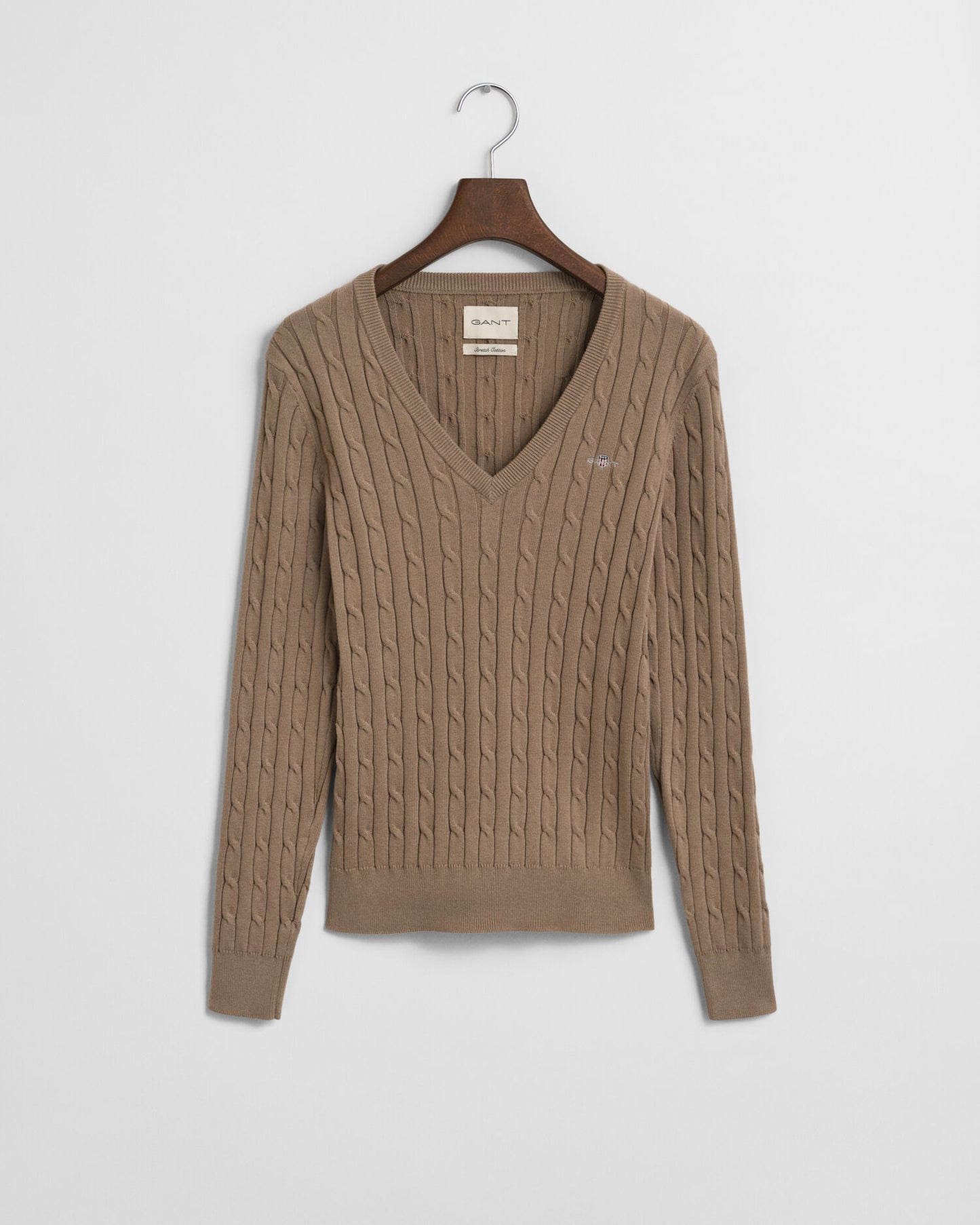 Stretch Cotton Cable Knit V-Neck Sweater