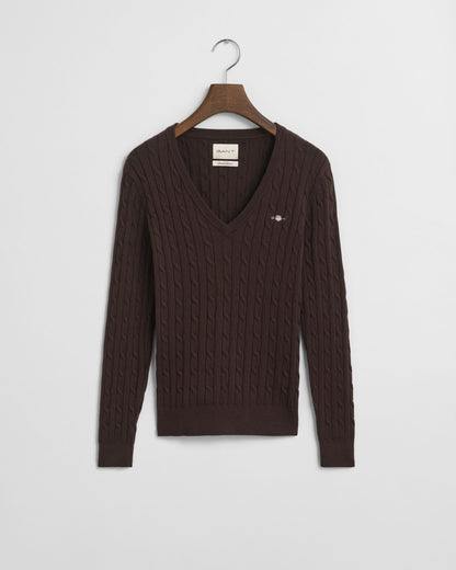Stretch Cotton Cable Knit V-Neck Sweater