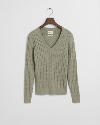Stretch Cotton Cable Knit V-Neck Sweater