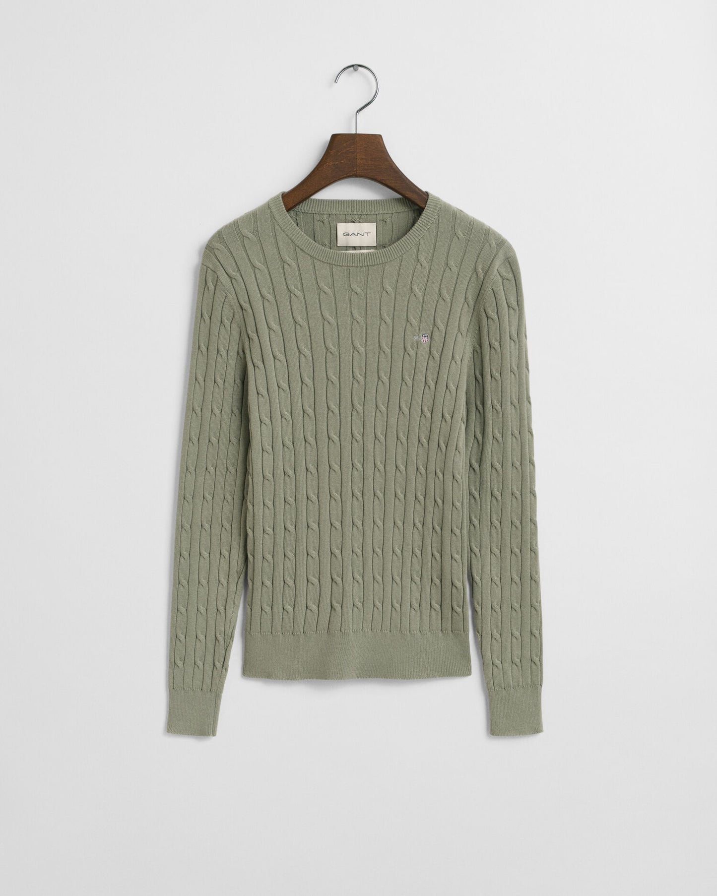 Stretch Cotton Cable Knit Crew Neck Sweater