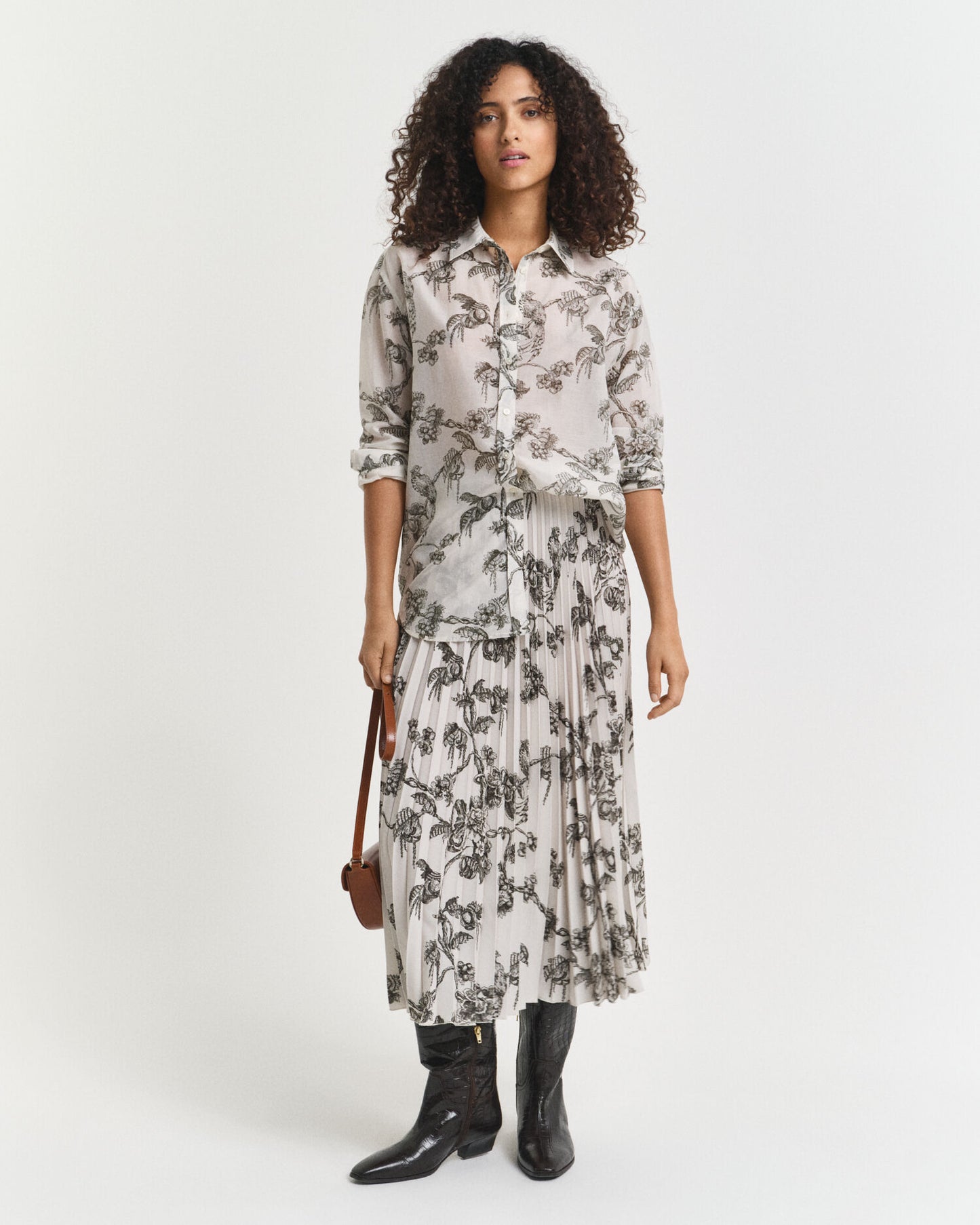 Pleated Tree Printed Midi Skirt