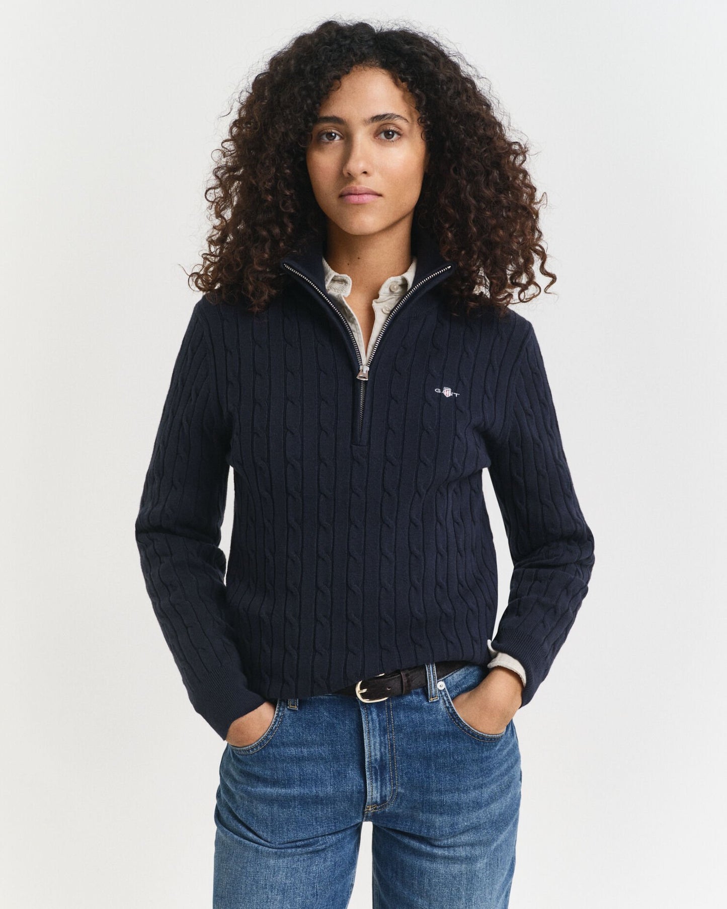 Stretch Cotton Cable Knit Half-Zip Sweater
