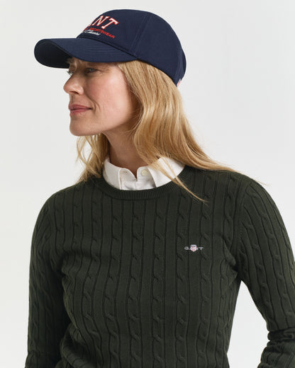 Stretch Cotton Cable Knit Crew Neck Sweater