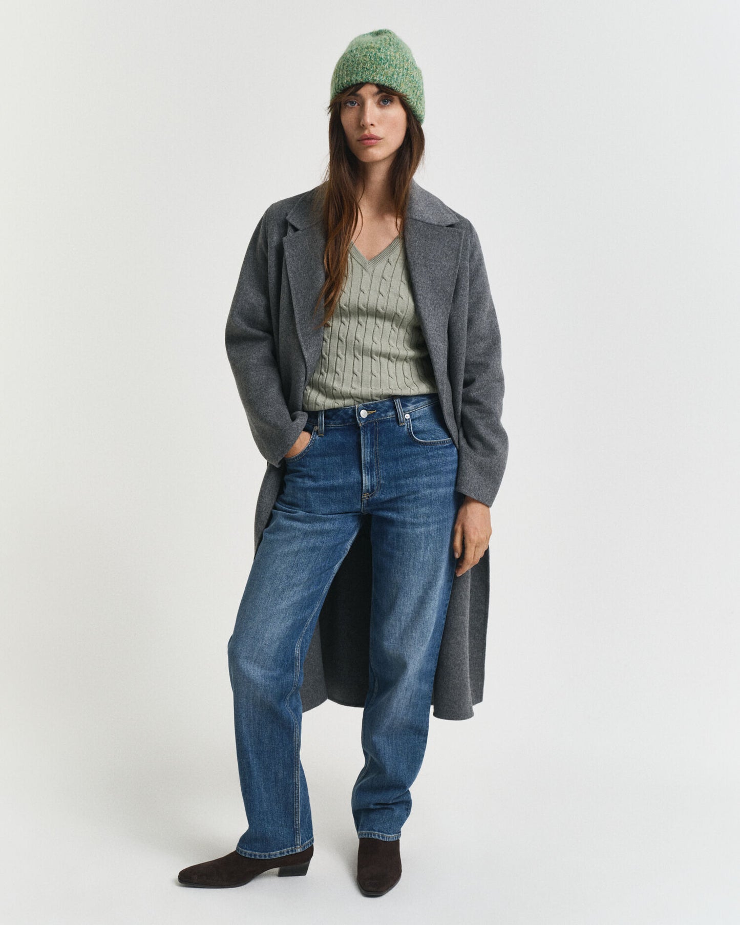 Stretch Cotton Cable Knit V-Neck Sweater