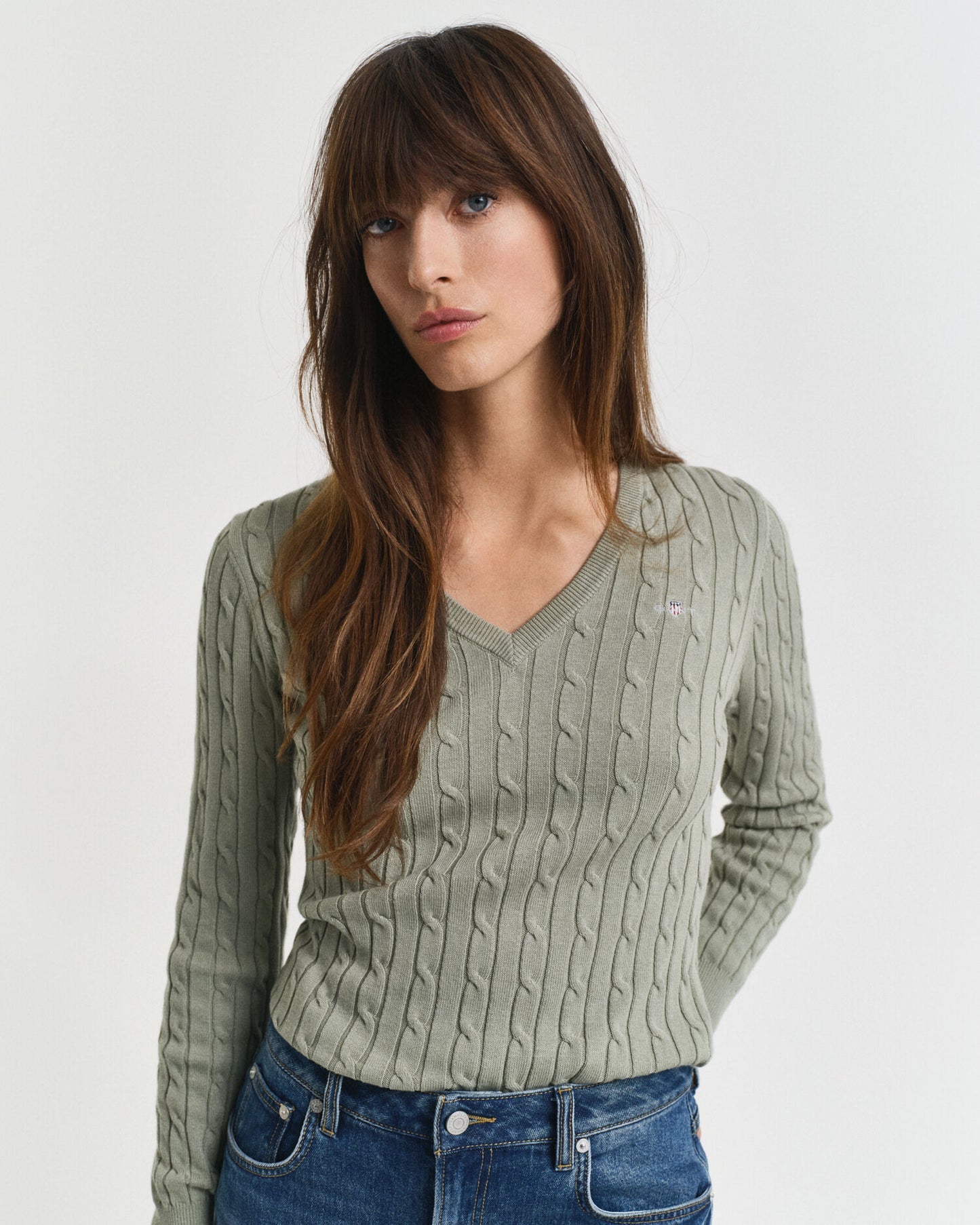 Stretch Cotton Cable Knit V-Neck Sweater