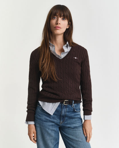 Stretch Cotton Cable Knit V-Neck Sweater
