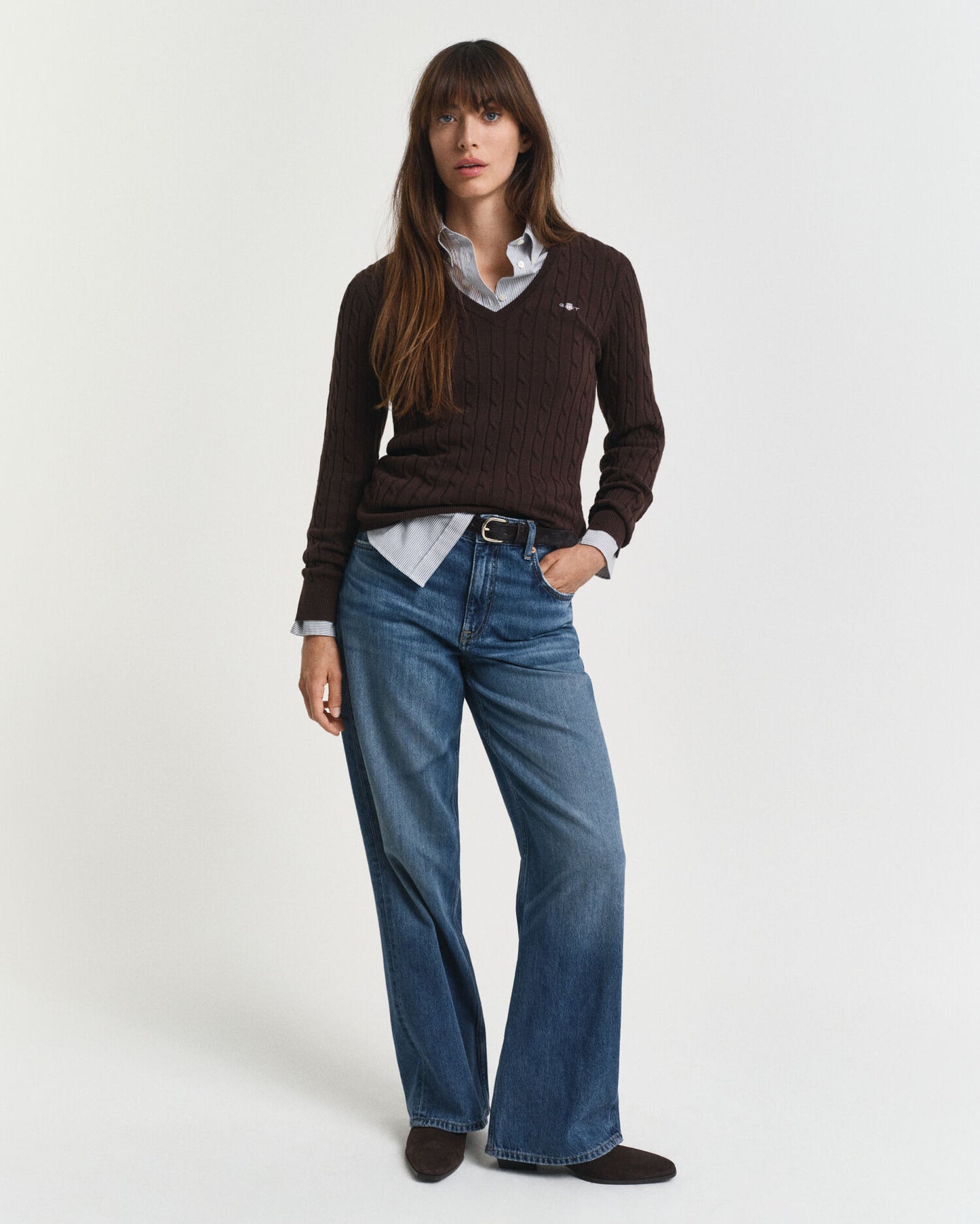 Stretch Cotton Cable Knit V-Neck Sweater