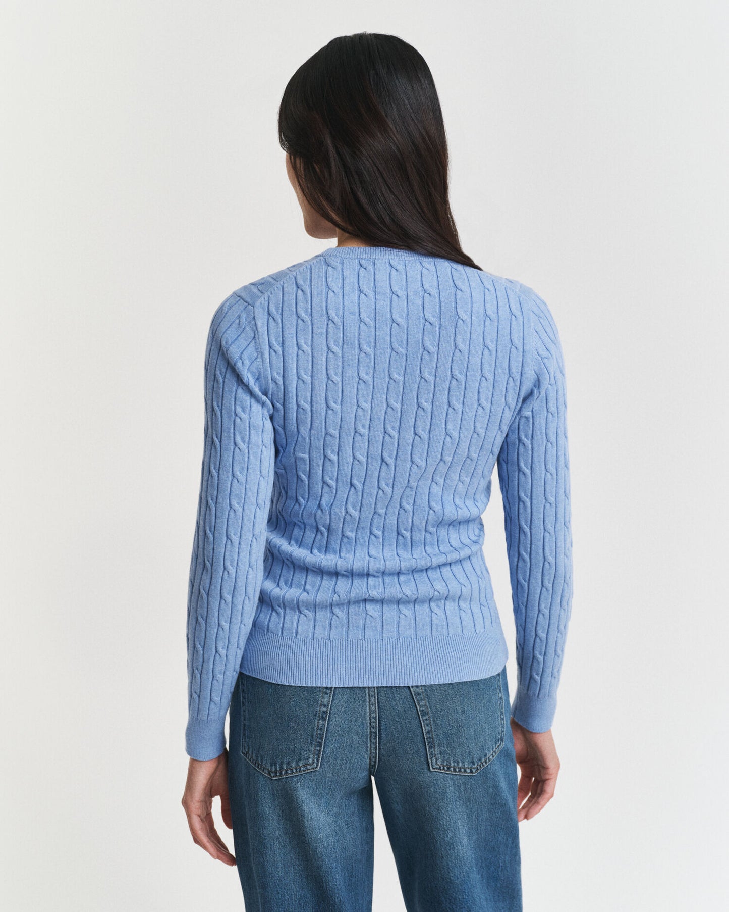 Stretch Cotton Cable Knit Crew Neck Sweater