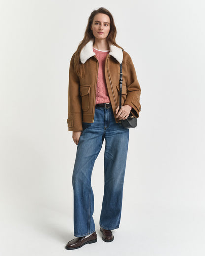 Stretch Cotton Cable Knit Crew Neck Sweater