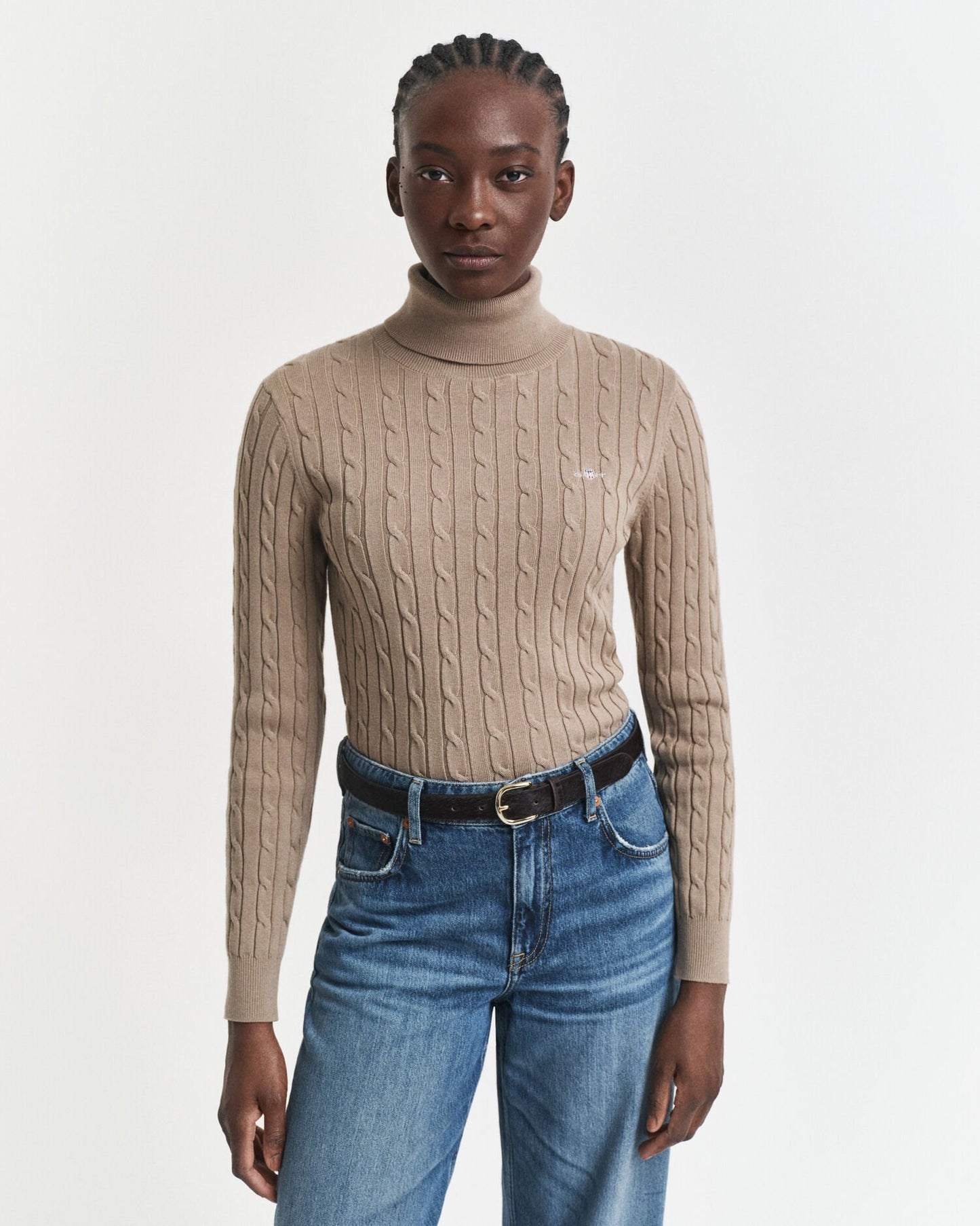 Stretch Cotton Cable Knit Turtleneck Sweater