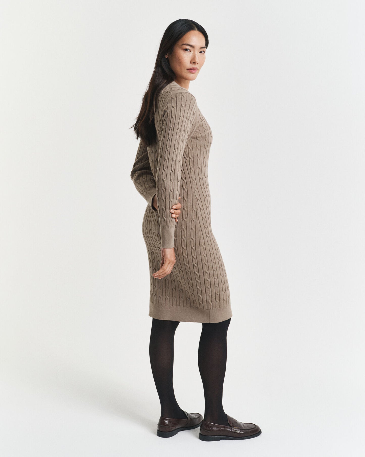 Stretch Cotton Cable Knit Crew Neck Dress