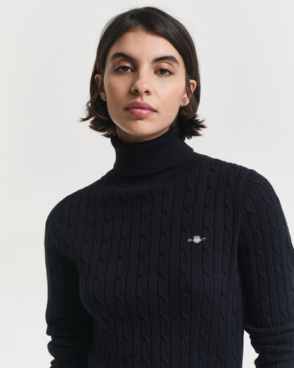 Stretch Cotton Cable Knit Turtleneck Sweater